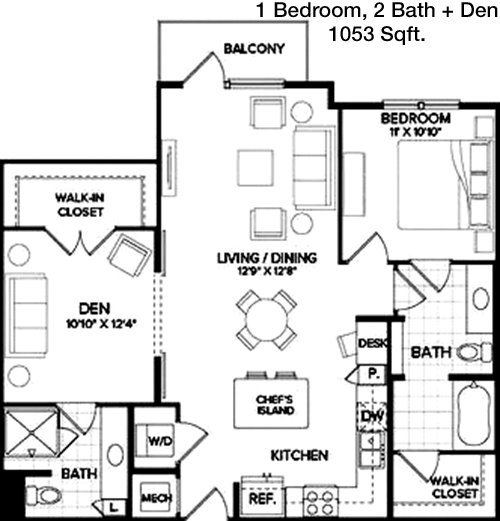 1,053 sq ft floorplan layout