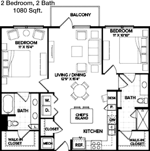 1,080 sq ft floorplan layout