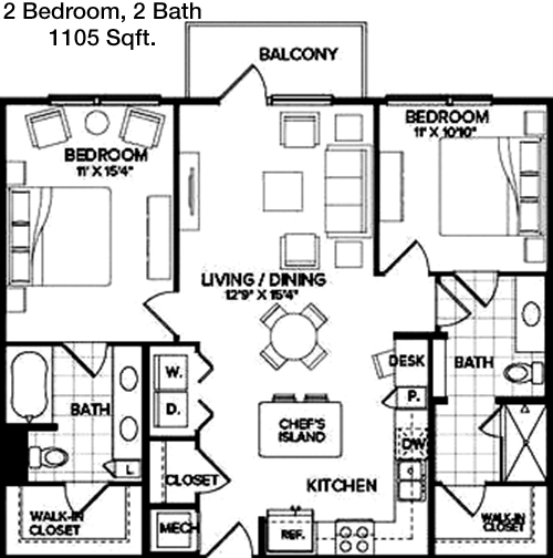 1,105 sq ft floorplan layout
