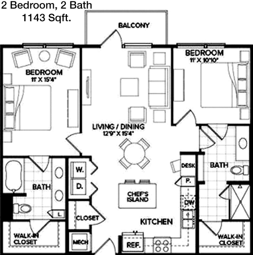 1,143 sq ft floorplan layout