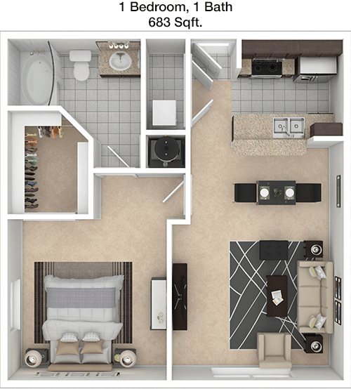 683 sq ft floorplan layout