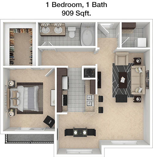909 sq ft floorplan layout