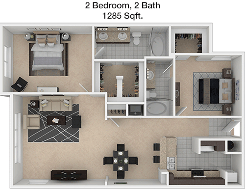 1,285 sq ft floorplan layout