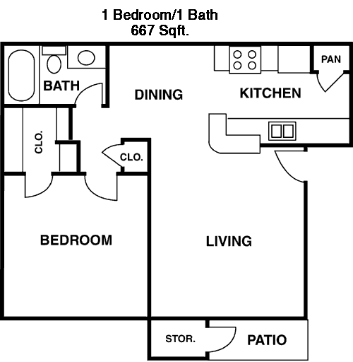 667 sq ft floorplan layout