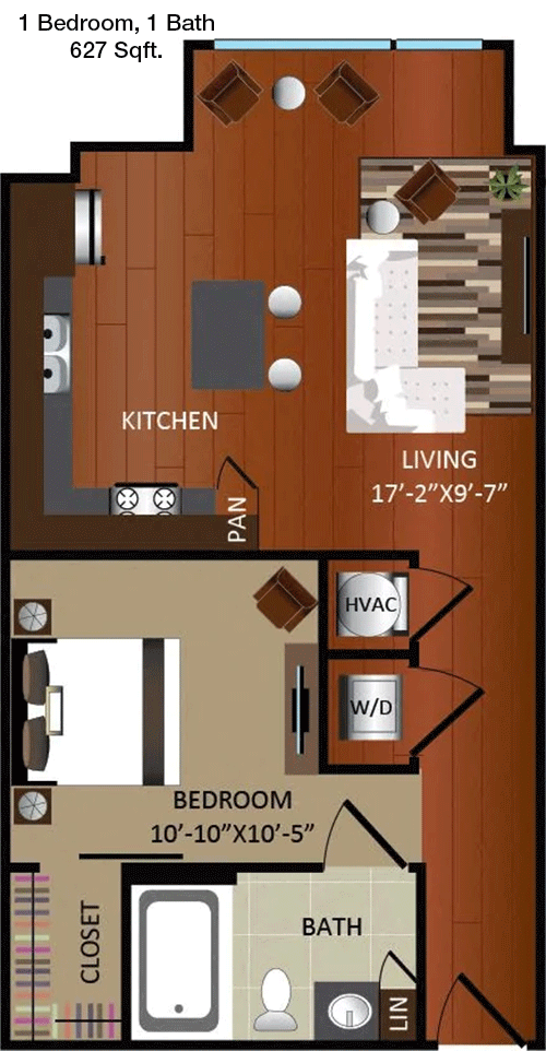 627 sq ft floorplan layout