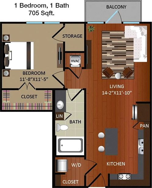 705 sq ft floorplan layout