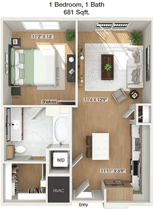 681 sq ft floorplan layout