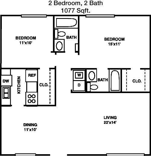 1,077 sq ft floorplan layout
