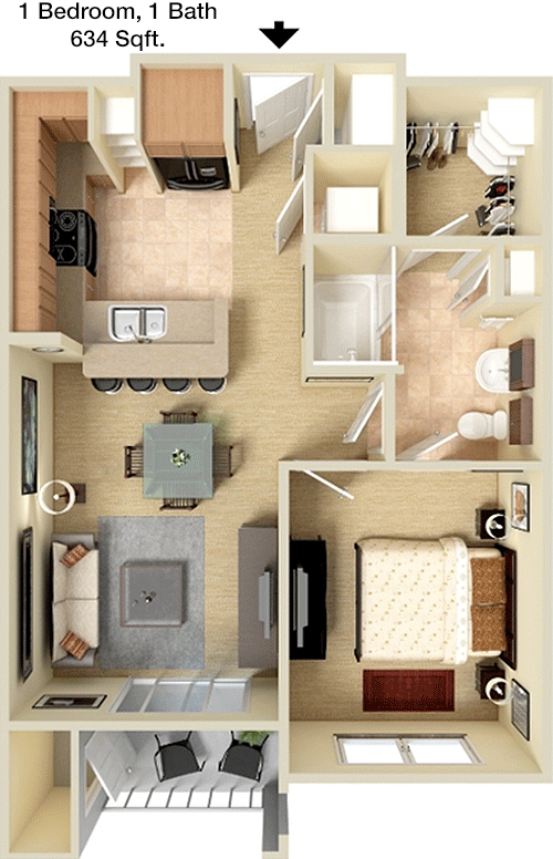 634 sq ft floorplan layout