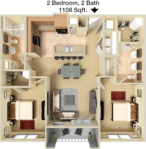 1,108 sq ft floorplan layout