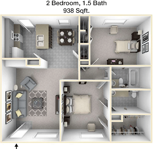 938 sq ft floorplan layout