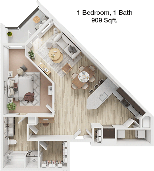909 sq ft floorplan layout