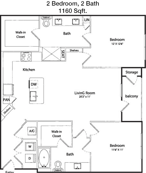 1,160 sq ft floorplan layout