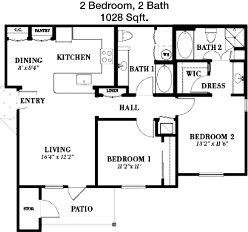 1,028 sq ft floorplan layout