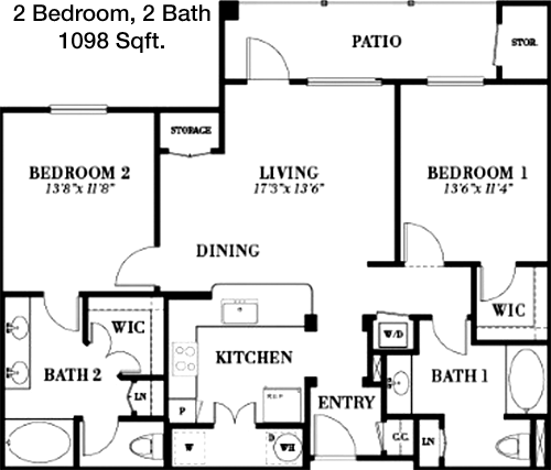 1,098 sq ft floorplan layout