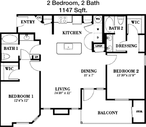 1,147 sq ft floorplan layout