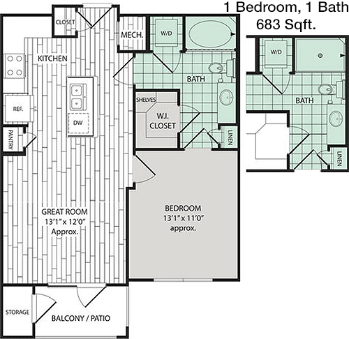 683 sq ft floorplan layout