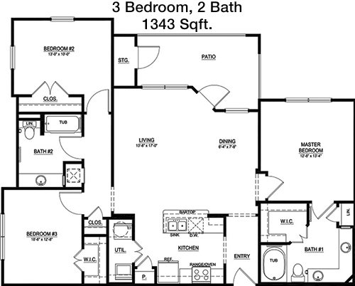1,343 sq ft floorplan layout