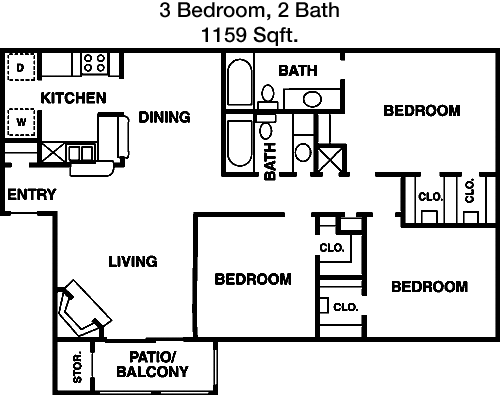1,159 sq ft floorplan layout