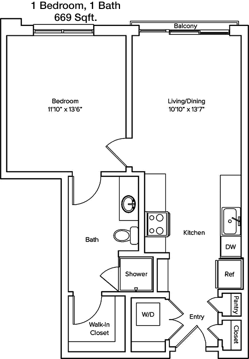 669 sq ft floorplan layout