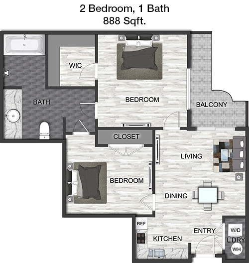 888 sq ft floorplan layout