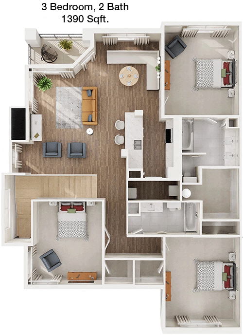 1,390 sq ft floorplan layout