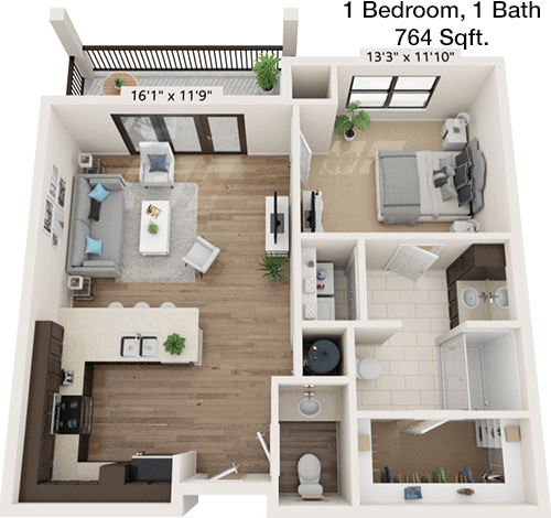 764 sq ft floorplan layout