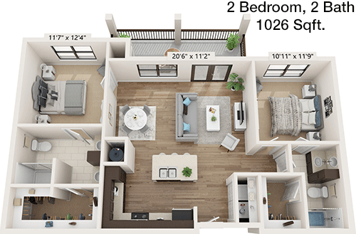1,026 sq ft floorplan layout