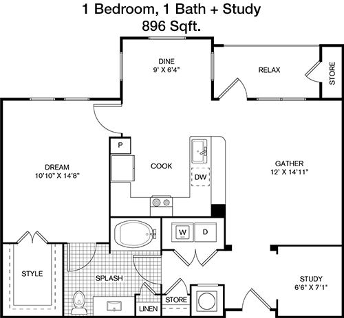 896 sq ft floorplan layout