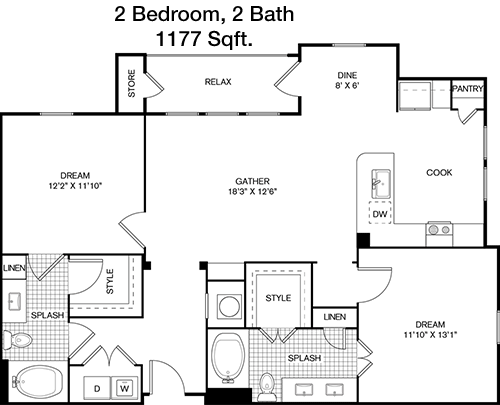 1,177 sq ft floorplan layout