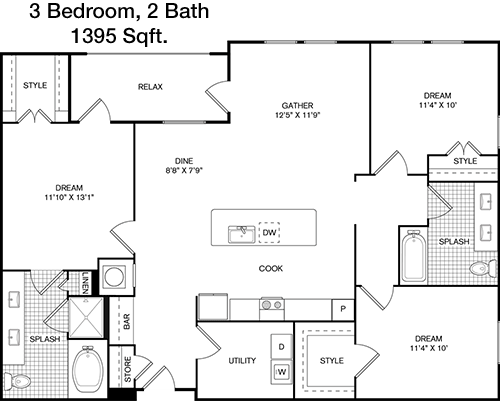 1,395 sq ft floorplan layout