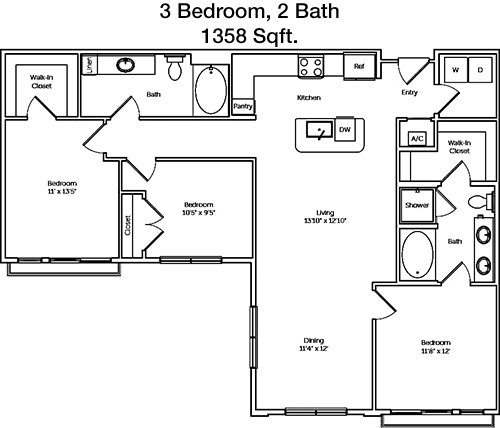 1,358 sq ft floorplan layout