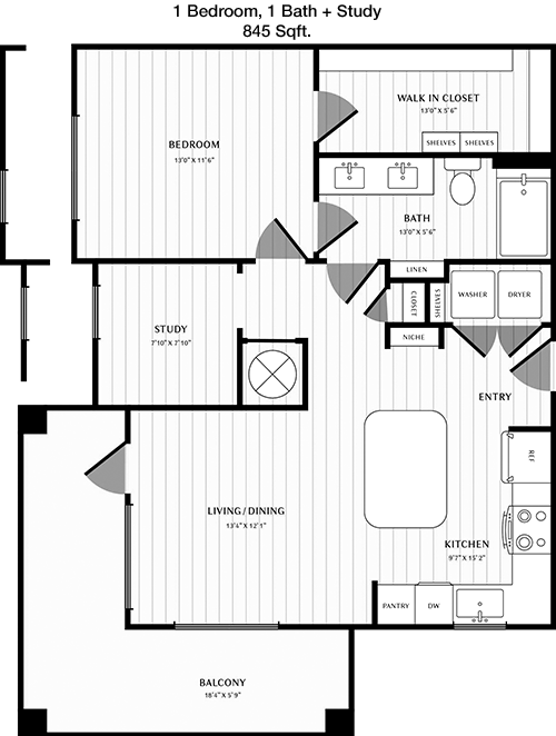 845 sq ft floorplan layout