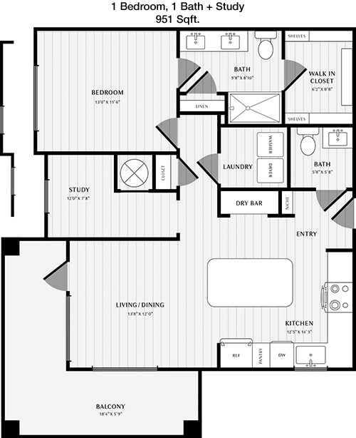 951 sq ft floorplan layout