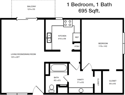 695 sq ft floorplan layout