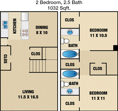 1,032 sq ft floorplan layout