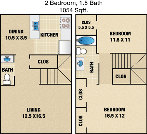 1,054 sq ft floorplan layout