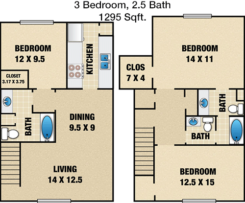 1,295 sq ft floorplan layout