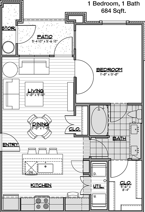 684 sq ft floorplan layout