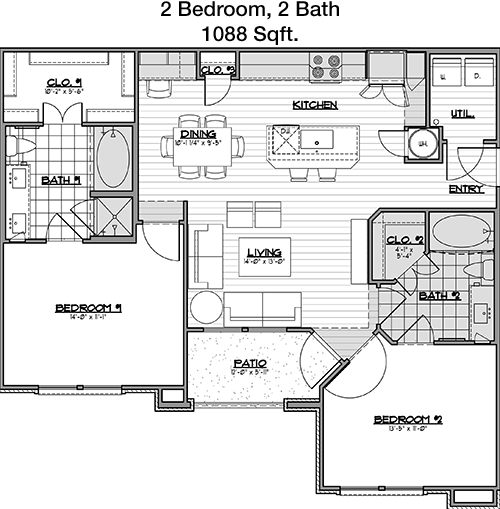 1,088 sq ft floorplan layout