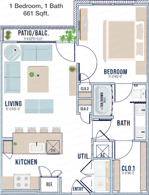 661 sq ft floorplan layout