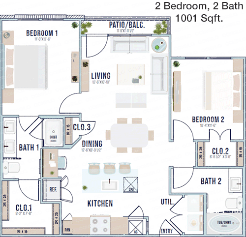 1,001 sq ft floorplan layout