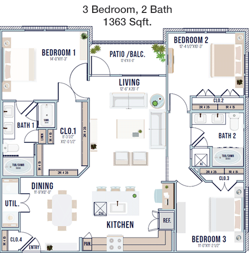 1,363 sq ft floorplan layout