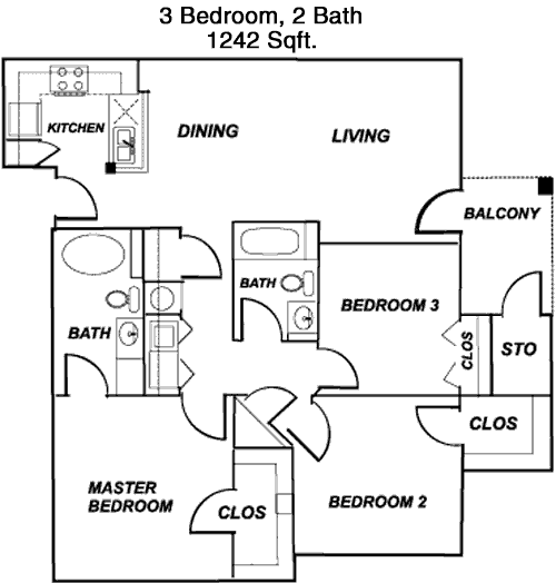 1,242 sq ft floorplan layout