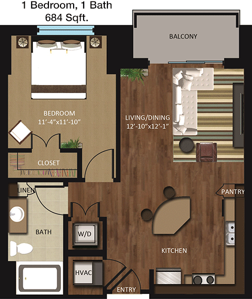 684 sq ft floorplan layout