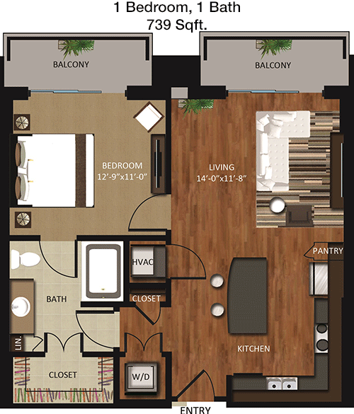 739 sq ft floorplan layout
