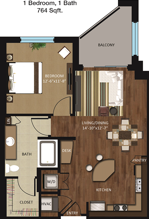 764 sq ft floorplan layout