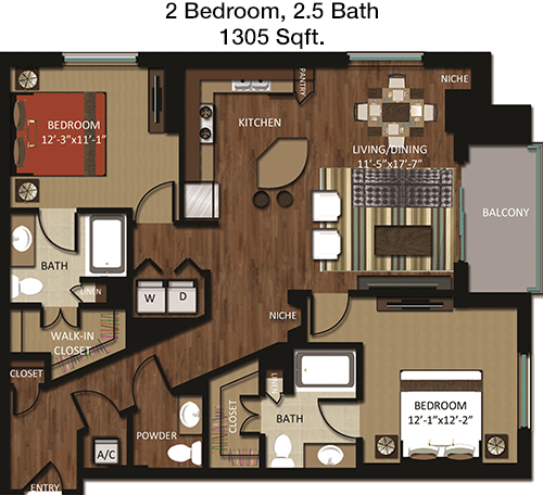 1,305 sq ft floorplan layout