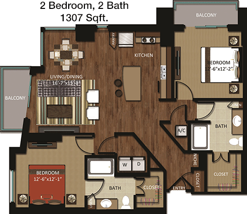 1,307 sq ft floorplan layout