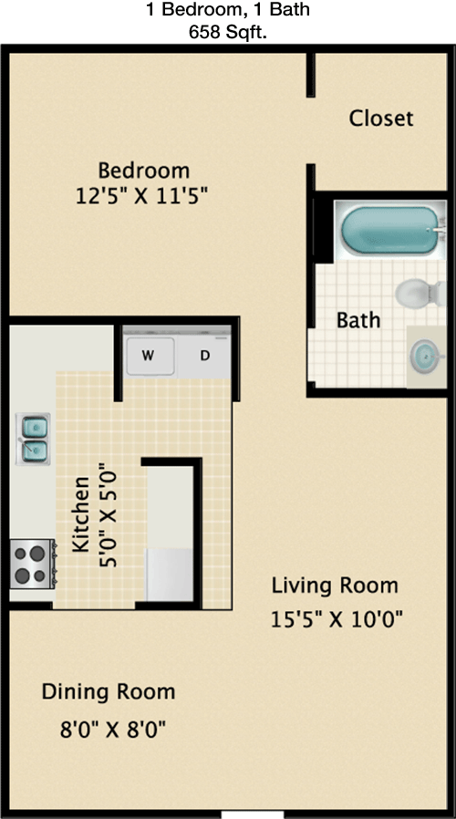 658 sq ft floorplan layout